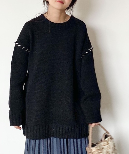 archives(アルシーヴ)の「ステッチ入りBIGプルオーバー(ニット/セーター・レディース・オレンジ/ブルー/ブラック/オフホワイト/グレー/マスタード・MEDIUM)」の3枚目の写真