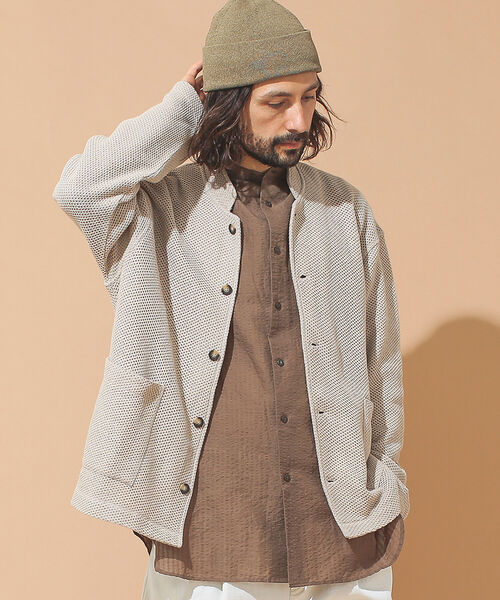 BEAMS LIGHTS（ビームスライツ）の「BEAMS LIGHTS / コットンリネンメッシュ スタンドカラージャケット（ノーカラージャケット・メンズ・インディゴブルー/ナチュラル・SMALL/MEDIUM/LARGE）」の5枚目の写真