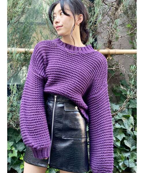 EVRIS（エヴリス）の「ショートガーターニットトップス（ニット/セーター・レディース・グリーン/ホワイト/パープル/ブラック・FREE）」の4枚目の写真