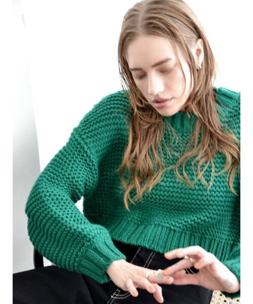 EVRIS（エヴリス）の「ショートガーターニットトップス（ニット/セーター・レディース・グリーン/ホワイト/パープル/ブラック・FREE）」の5枚目の写真