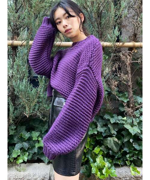 EVRIS（エヴリス）の「ショートガーターニットトップス（ニット/セーター・レディース・グリーン/ホワイト/パープル/ブラック・FREE）」の17枚目の写真