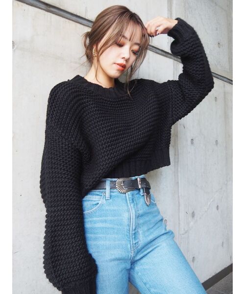 EVRIS（エヴリス）の「ショートガーターニットトップス（ニット/セーター・レディース・グリーン/ホワイト/パープル/ブラック・FREE）」の7枚目の写真