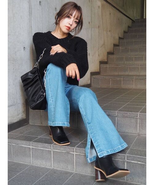 EVRIS（エヴリス）の「ショートガーターニットトップス（ニット/セーター・レディース・グリーン/ホワイト/パープル/ブラック・FREE）」の14枚目の写真