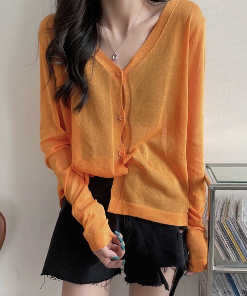 LUGG NAGG（ラグナグ）の「薄手ニット シアーカーディガン Vネック ボタン留め 羽織り Vネックシアーカーディガン（カーディガン/ボレロ・レディース・グレー/マスタード/パープル/ホワイト/ピンク/モスグリーン/ブラック/ブルー/バイオレット/オレンジ・ONE SIZE）」の10枚目の写真