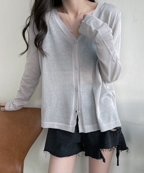 LUGG NAGG（ラグナグ）の「薄手ニット シアーカーディガン Vネック ボタン留め 羽織り Vネックシアーカーディガン（カーディガン/ボレロ・レディース・グレー/マスタード/パープル/ホワイト/ピンク/モスグリーン/ブラック/ブルー/バイオレット/オレンジ・ONE SIZE）」の19枚目の写真