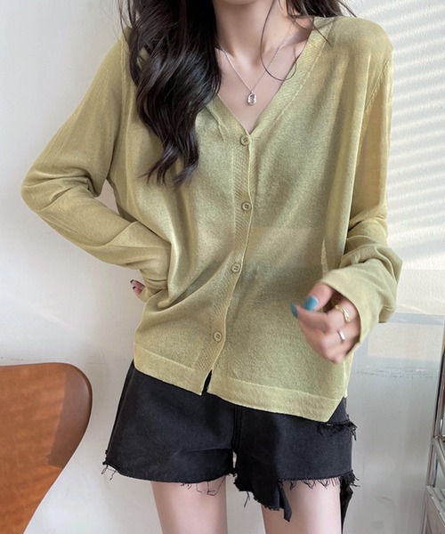 LUGG NAGG（ラグナグ）の「薄手ニット シアーカーディガン Vネック ボタン留め 羽織り Vネックシアーカーディガン（カーディガン/ボレロ・レディース・グレー/マスタード/パープル/ホワイト/ピンク/モスグリーン/ブラック/ブルー/バイオレット/オレンジ・ONE SIZE）」の12枚目の写真