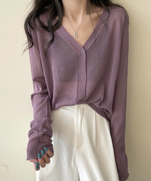 LUGG NAGG（ラグナグ）の「薄手ニット シアーカーディガン Vネック ボタン留め 羽織り Vネックシアーカーディガン（カーディガン/ボレロ・レディース・グレー/マスタード/パープル/ホワイト/ピンク/モスグリーン/ブラック/ブルー/バイオレット/オレンジ・ONE SIZE）」の17枚目の写真