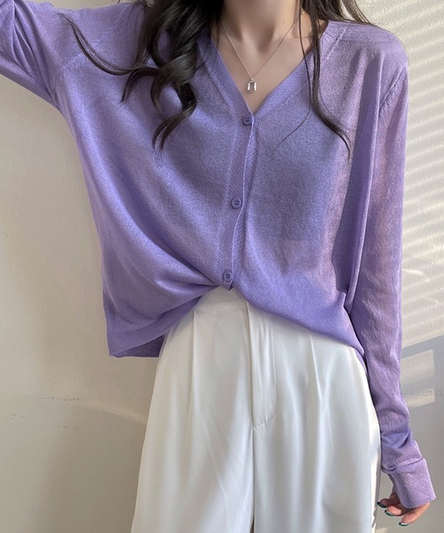 LUGG NAGG（ラグナグ）の「薄手ニット シアーカーディガン Vネック ボタン留め 羽織り Vネックシアーカーディガン（カーディガン/ボレロ・レディース・グレー/マスタード/パープル/ホワイト/ピンク/モスグリーン/ブラック/ブルー/バイオレット/オレンジ・ONE SIZE）」の21枚目の写真