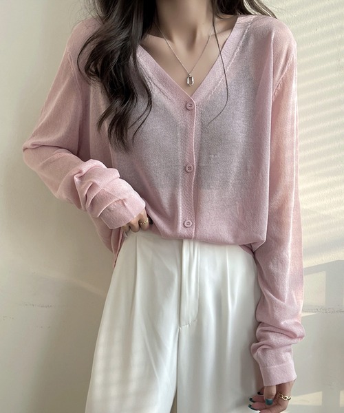 LUGG NAGG（ラグナグ）の「薄手ニット シアーカーディガン Vネック ボタン留め 羽織り Vネックシアーカーディガン（カーディガン/ボレロ・レディース・グレー/マスタード/パープル/ホワイト/ピンク/モスグリーン/ブラック/ブルー/バイオレット/オレンジ・ONE SIZE）」の18枚目の写真