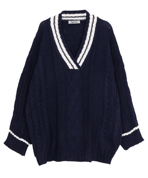 Figments（フィグメンツ）の「オーバースクールニット（ニット/セーター・レディース・ネイビー/ベージュ・FREE）」の11枚目の写真