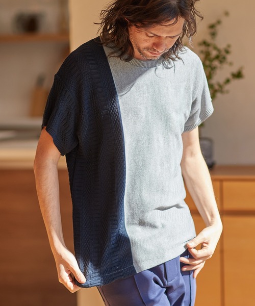 CAMBIO（カンビオ）の「mn2543-編地切替ニットT（ニット/セーター・メンズ・グレー/ホワイト/ブラック/ネイビー・L/S/M）」の3枚目の写真