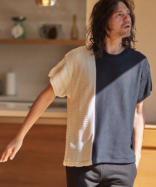 CAMBIO（カンビオ）の「mn2543-編地切替ニットT（ニット/セーター・メンズ・グレー/ホワイト/ブラック/ネイビー・L/S/M）」の2枚目の写真