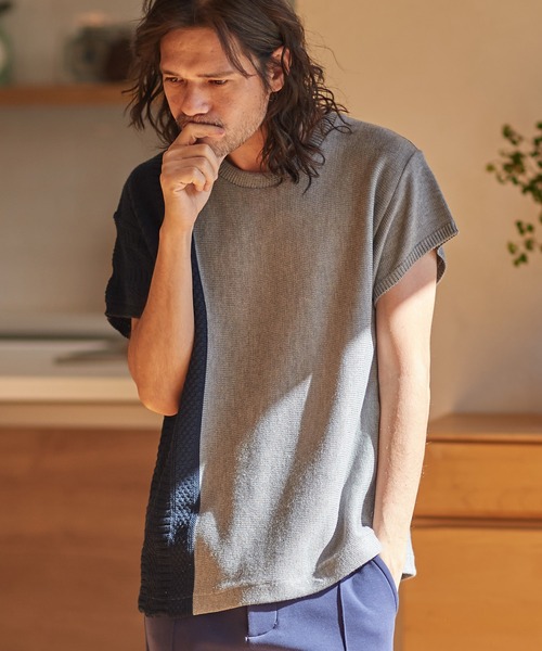 CAMBIO（カンビオ）の「mn2543-編地切替ニットT（ニット/セーター・メンズ・グレー/ホワイト/ブラック/ネイビー・L/S/M）」の5枚目の写真