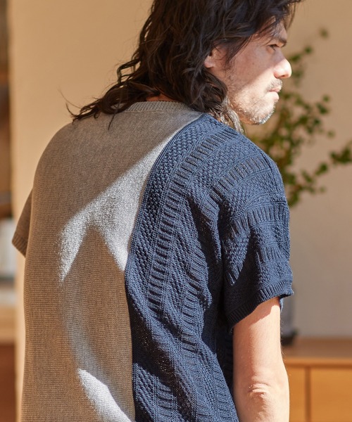 CAMBIO（カンビオ）の「mn2543-編地切替ニットT（ニット/セーター・メンズ・グレー/ホワイト/ブラック/ネイビー・L/S/M）」の7枚目の写真