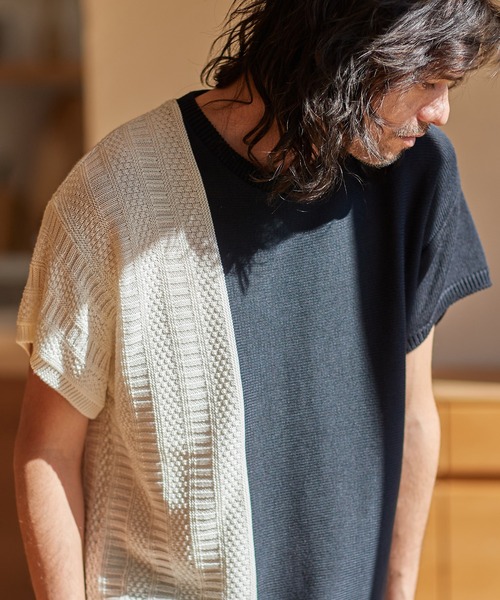 CAMBIO（カンビオ）の「mn2543-編地切替ニットT（ニット/セーター・メンズ・グレー/ホワイト/ブラック/ネイビー・L/S/M）」の9枚目の写真