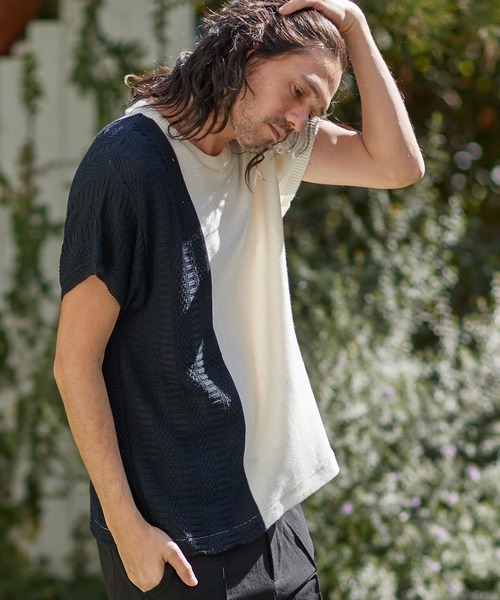 CAMBIO（カンビオ）の「mn2543-編地切替ニットT（ニット/セーター・メンズ・グレー/ホワイト/ブラック/ネイビー・L/S/M）」の12枚目の写真