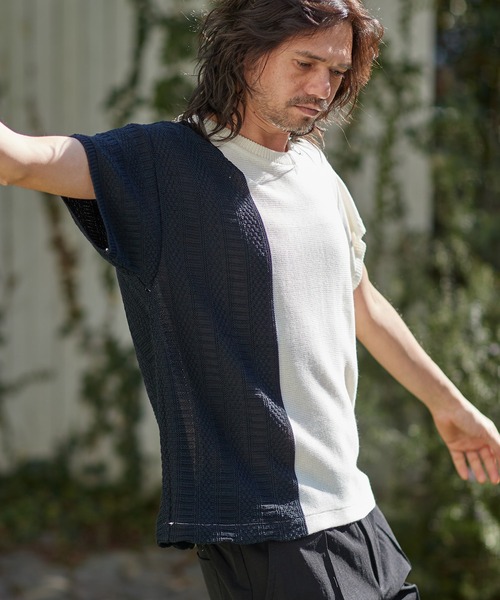 CAMBIO（カンビオ）の「mn2543-編地切替ニットT（ニット/セーター・メンズ・グレー/ホワイト/ブラック/ネイビー・L/S/M）」の13枚目の写真