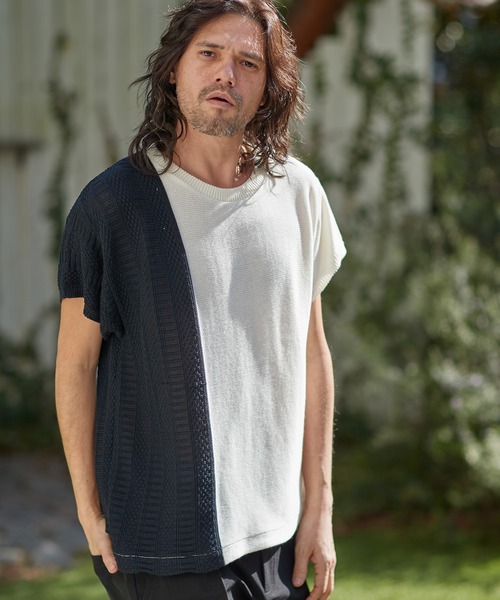 CAMBIO（カンビオ）の「mn2543-編地切替ニットT（ニット/セーター・メンズ・グレー/ホワイト/ブラック/ネイビー・L/S/M）」の14枚目の写真