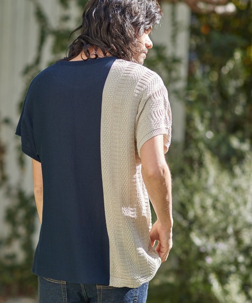 CAMBIO（カンビオ）の「mn2543-編地切替ニットT（ニット/セーター・メンズ・グレー/ホワイト/ブラック/ネイビー・L/S/M）」の18枚目の写真