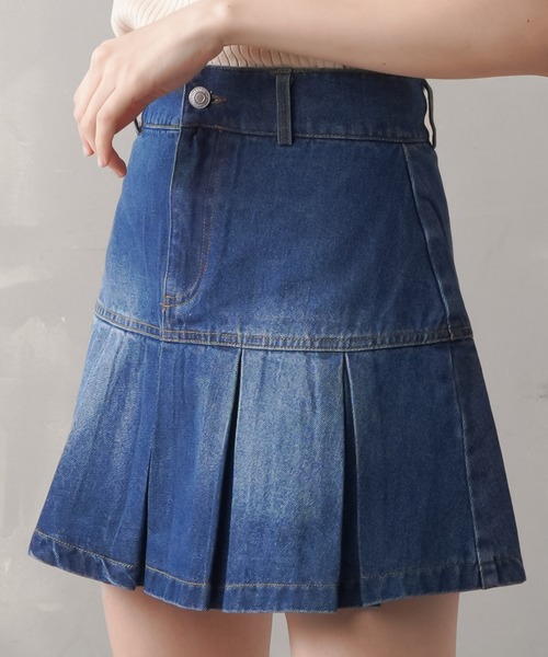 SPINNS（スピンズ）の「デニムボックスプリーツミニスカート（デニム