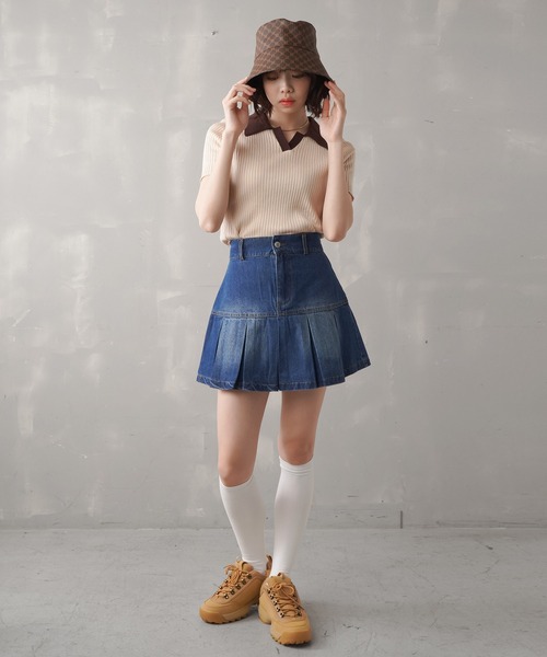 SPINNS（スピンズ）の「デニムボックスプリーツミニスカート（デニムスカート・レディース・ブルー/ブラック・ONESIZE）」の12枚目の写真