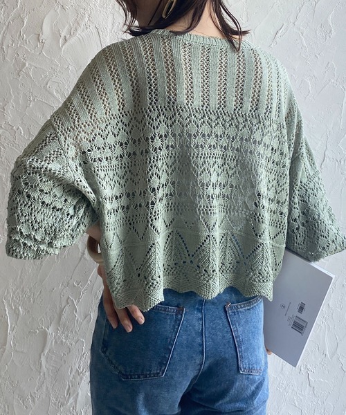 She's Closet(シーズクローゼット)の「リネンタッチ透かし編みボリュームスリーブショート丈長袖サマーニット(ニット/セーター・レディース・チャコールグレー/ベージュ/アイボリー/オリーブ・FREE)」の4枚目の写真