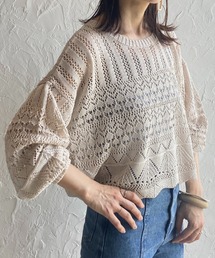 She's Closet（シーズクローゼット）の「リネンタッチ透かし編みボリュームスリーブショート丈長袖サマーニット（ニット/セーター・レディース）」