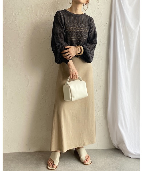 She's Closet(シーズクローゼット)の「リネンタッチ透かし編みボリュームスリーブショート丈長袖サマーニット(ニット/セーター・レディース・チャコールグレー/ベージュ/アイボリー/オリーブ・FREE)」の7枚目の写真