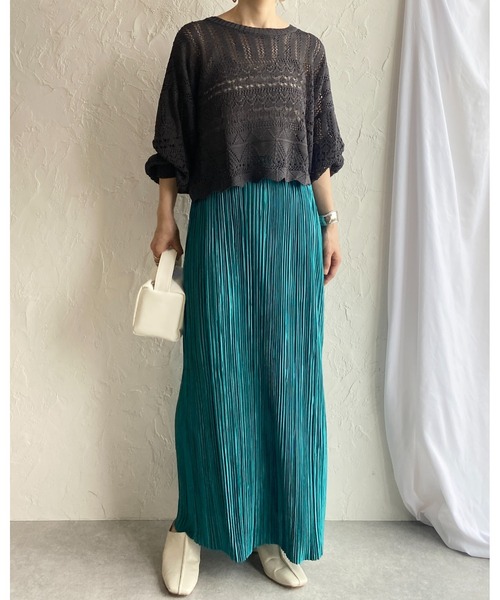 She's Closet(シーズクローゼット)の「リネンタッチ透かし編みボリュームスリーブショート丈長袖サマーニット(ニット/セーター・レディース・チャコールグレー/ベージュ/アイボリー/オリーブ・FREE)」の8枚目の写真