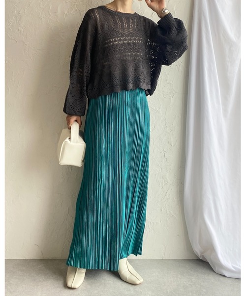 She's Closet(シーズクローゼット)の「リネンタッチ透かし編みボリュームスリーブショート丈長袖サマーニット(ニット/セーター・レディース・チャコールグレー/ベージュ/アイボリー/オリーブ・FREE)」の16枚目の写真