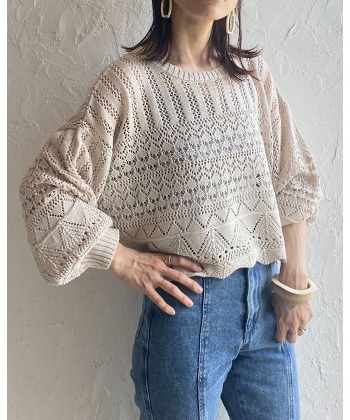 She's Closet(シーズクローゼット)の「リネンタッチ透かし編みボリュームスリーブショート丈長袖サマーニット(ニット/セーター・レディース・チャコールグレー/ベージュ/アイボリー/オリーブ・FREE)」の19枚目の写真