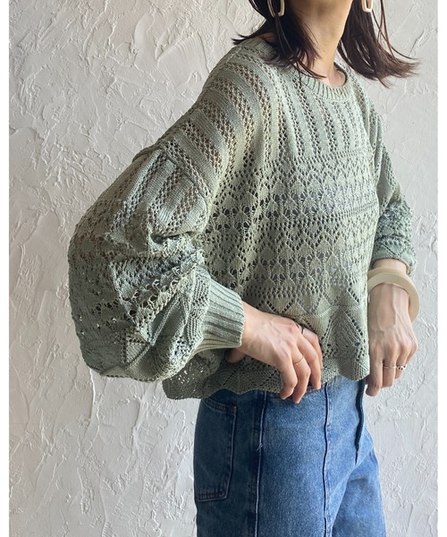 She's Closet(シーズクローゼット)の「リネンタッチ透かし編みボリュームスリーブショート丈長袖サマーニット(ニット/セーター・レディース・チャコールグレー/ベージュ/アイボリー/オリーブ・FREE)」の20枚目の写真