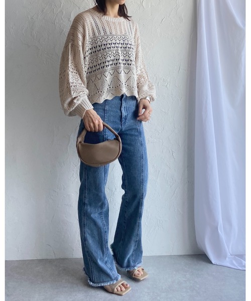 She's Closet(シーズクローゼット)の「リネンタッチ透かし編みボリュームスリーブショート丈長袖サマーニット(ニット/セーター・レディース・チャコールグレー/ベージュ/アイボリー/オリーブ・FREE)」の22枚目の写真