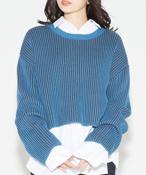 solleim(ソルレム)の「ストライプクロップドリブニット(ニット/セーター・レディース・ベージュ/カーキ/オレンジ/ブルー・M)」の3枚目の写真