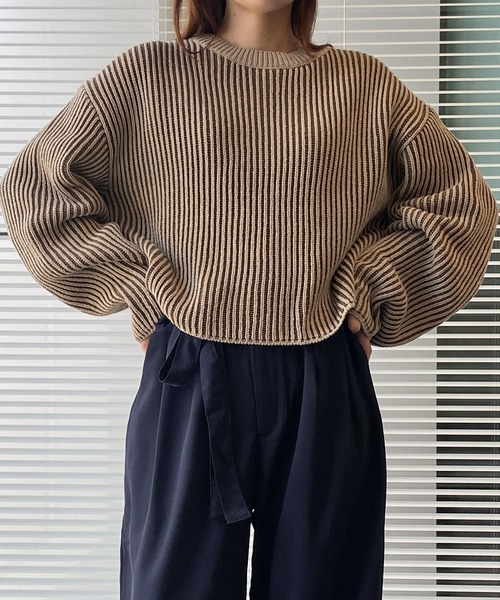 solleim(ソルレム)の「ストライプクロップドリブニット(ニット/セーター・レディース・ベージュ/カーキ/オレンジ/ブルー・M)」の22枚目の写真