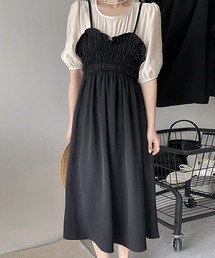 パフスリーブブラウスドッキングギャザーフリルキャミワンピース