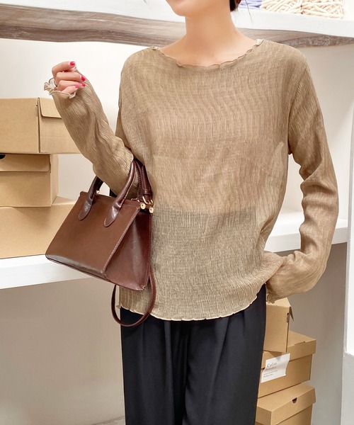 AsRiRe(アスリレイ)の「【AsRiRe】長袖インナー付きメロープリーツトップス 2点セット(Tシャツ/カットソー・レディース・ベージュ/カーキ・M)」の3枚目の写真