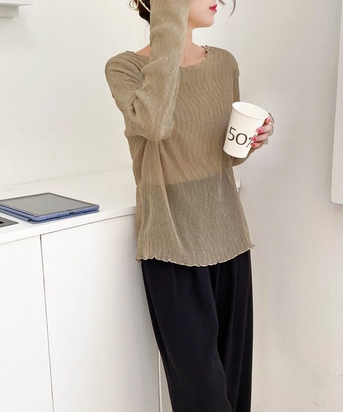AsRiRe(アスリレイ)の「【AsRiRe】長袖インナー付きメロープリーツトップス 2点セット(Tシャツ/カットソー・レディース・ベージュ/カーキ・M)」の7枚目の写真