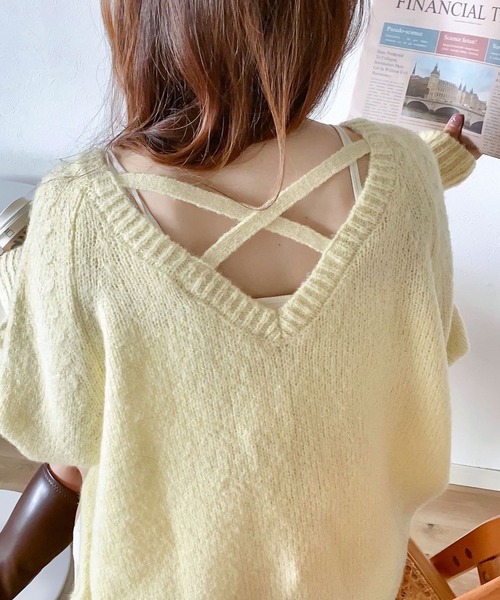 mily bilet（ミウィビレット）の「【mily bilet】淡色にきゅんきゅん。バッククロスメランジVネックニットカーディガン（ニット/セーター・レディース・アイボリー/ブルー/ピンク/ベージュ系その他/イエロー/グレー・LARGE/MEDIUM/X-LARGE/SMALL）」の5枚目の写真