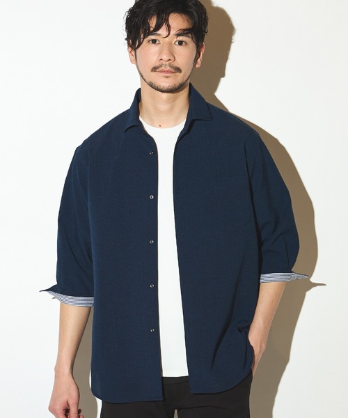 UNION STATION（ユニオンステーション）の「ポリエステルカチオン七分袖ワイドカラーシャツ（シャツ/ブラウス・メンズ・ブルー/ライトブルー/カーキ/ホワイト/ベージュ/ネイビー・S/M/L/LL）」の5枚目の写真