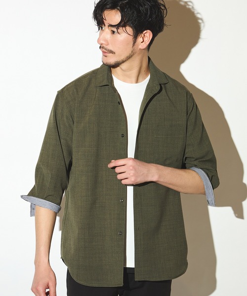 UNION STATION（ユニオンステーション）の「ポリエステルカチオン七分袖ワイドカラーシャツ（シャツ/ブラウス・メンズ・ブルー/ライトブルー/カーキ/ホワイト/ベージュ/ネイビー・S/M/L/LL）」の3枚目の写真