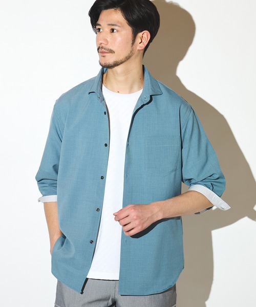 UNION STATION（ユニオンステーション）の「ポリエステルカチオン七分袖ワイドカラーシャツ（シャツ/ブラウス・メンズ・ブルー/ライトブルー/カーキ/ホワイト/ベージュ/ネイビー・S/M/L/LL）」の19枚目の写真