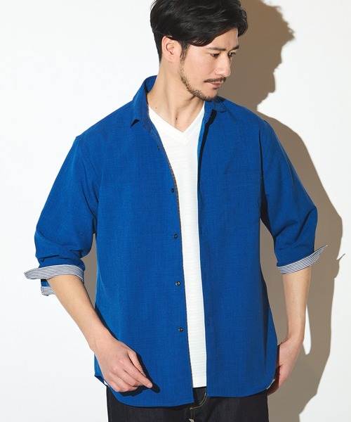 UNION STATION（ユニオンステーション）の「ポリエステルカチオン七分袖ワイドカラーシャツ（シャツ/ブラウス・メンズ・ブルー/ライトブルー/カーキ/ホワイト/ベージュ/ネイビー・S/M/L/LL）」の11枚目の写真