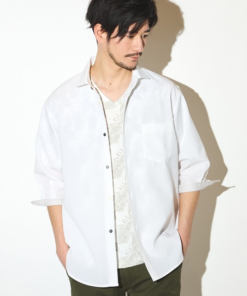 UNION STATION（ユニオンステーション）の「ポリエステルカチオン七分袖ワイドカラーシャツ（シャツ/ブラウス・メンズ・ブルー/ライトブルー/カーキ/ホワイト/ベージュ/ネイビー・S/M/L/LL）」の12枚目の写真