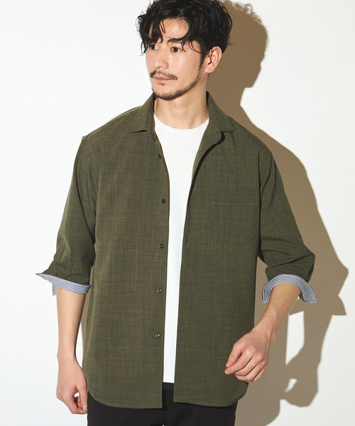 UNION STATION（ユニオンステーション）の「ポリエステルカチオン七分袖ワイドカラーシャツ（シャツ/ブラウス・メンズ・ブルー/ライトブルー/カーキ/ホワイト/ベージュ/ネイビー・S/M/L/LL）」の17枚目の写真