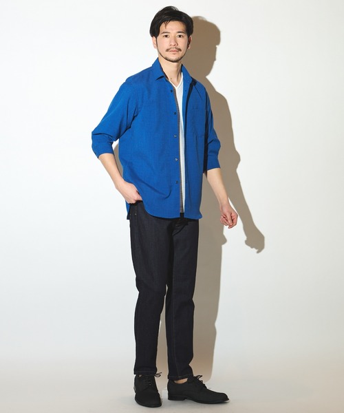 UNION STATION（ユニオンステーション）の「ポリエステルカチオン七分袖ワイドカラーシャツ（シャツ/ブラウス・メンズ・ブルー/ライトブルー/カーキ/ホワイト/ベージュ/ネイビー・S/M/L/LL）」の10枚目の写真