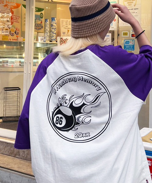 #MEMORY（メモリー）の「【MEMORY】 ラグラン ファイヤー ビリヤード Tシャツ / Raglan billiards T-shirt（Tシャツ/カットソー・メンズ・スミクロ/パープル/ブラック・FREE）」の3枚目の写真