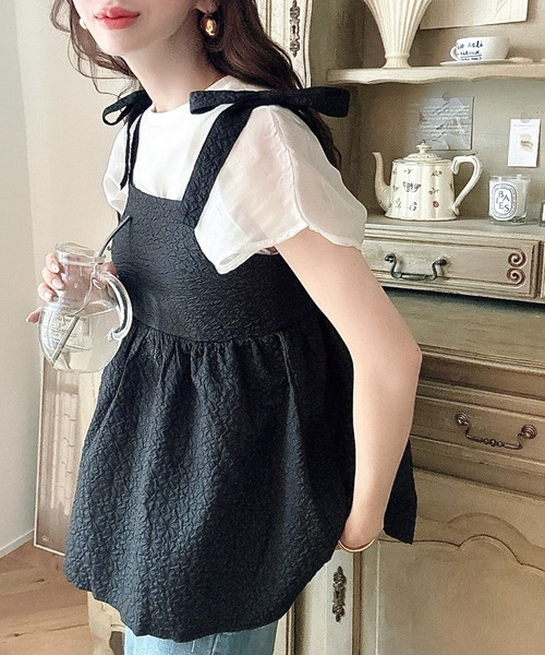 moment+(モーメントプラス)の「【累計販売枚数1万枚突破!】エンボスふくれフラワージャガード肩リボンペプラムビスチェ(ベスト・レディース・ブラック/アイボリー/ネイビー/ピンク/ブルー・M/L)」の6枚目の写真