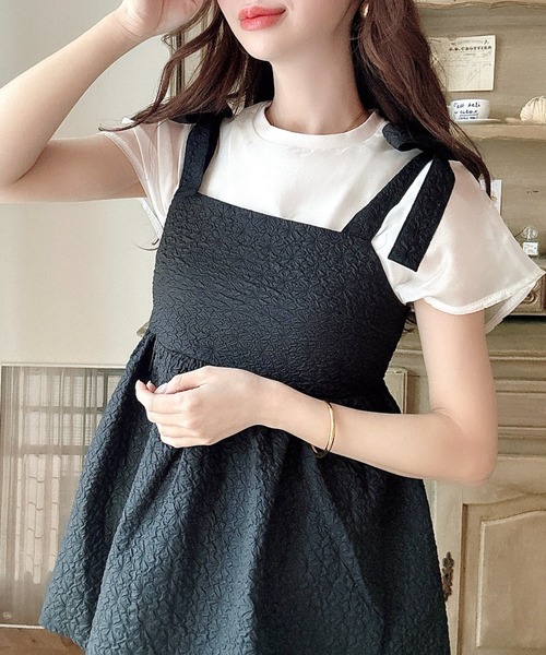 moment+(モーメントプラス)の「【累計販売枚数1万枚突破!】エンボスふくれフラワージャガード肩リボンペプラムビスチェ(ベスト・レディース・ブラック/アイボリー/ネイビー/ピンク/ブルー・M/L)」の7枚目の写真