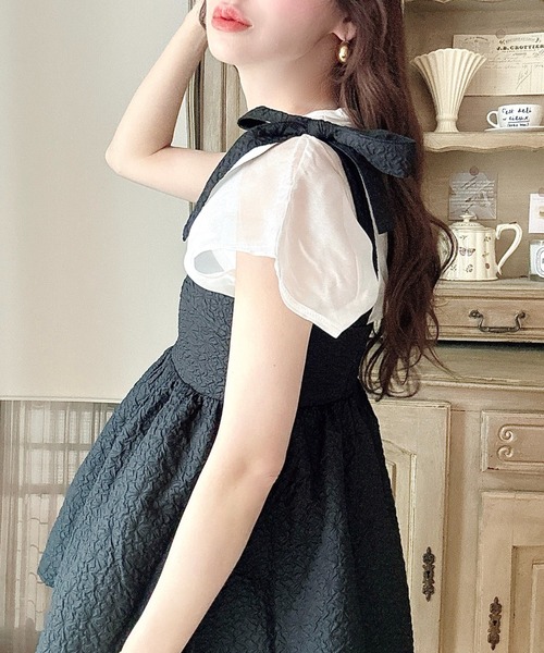 moment+(モーメントプラス)の「【累計販売枚数1万枚突破!】エンボスふくれフラワージャガード肩リボンペプラムビスチェ(ベスト・レディース・ブラック/アイボリー/ネイビー/ピンク/ブルー・M/L)」の8枚目の写真